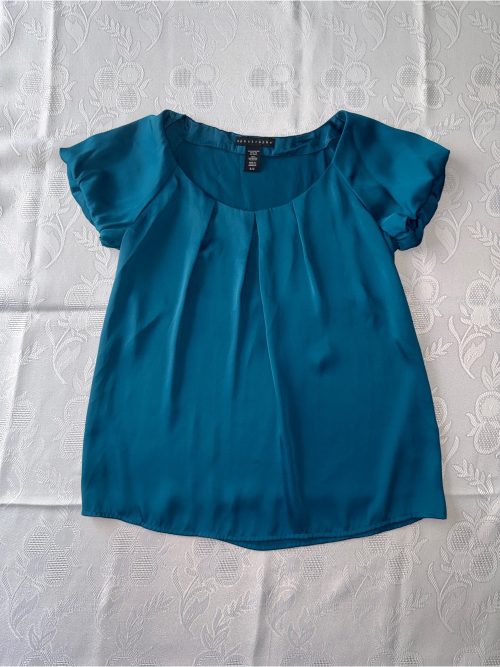 Apostrophe Women’s Teal Blue Pleated Neck Blouse Cap Sleeve Top Size S/CH